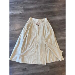 Beaded Embellished Maxi Skirt Tan Linen Blend Pleated Slit Bohemian Resort